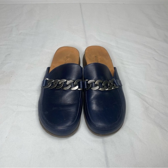 Vionic Georgie Comfort Slip-On Orthotic Chain Detail Leather Mule Navy Blue 8 - Picture 2 of 9